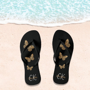 Black gold butterflies name monogram flip flops