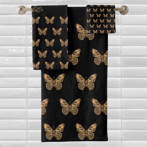 Black gold butterflies pattern name script bath towel set