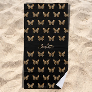 Black gold butterflies pattern name script beach towel