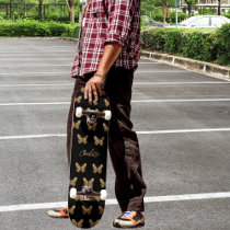 Black gold butterflies pattern name script skateboard