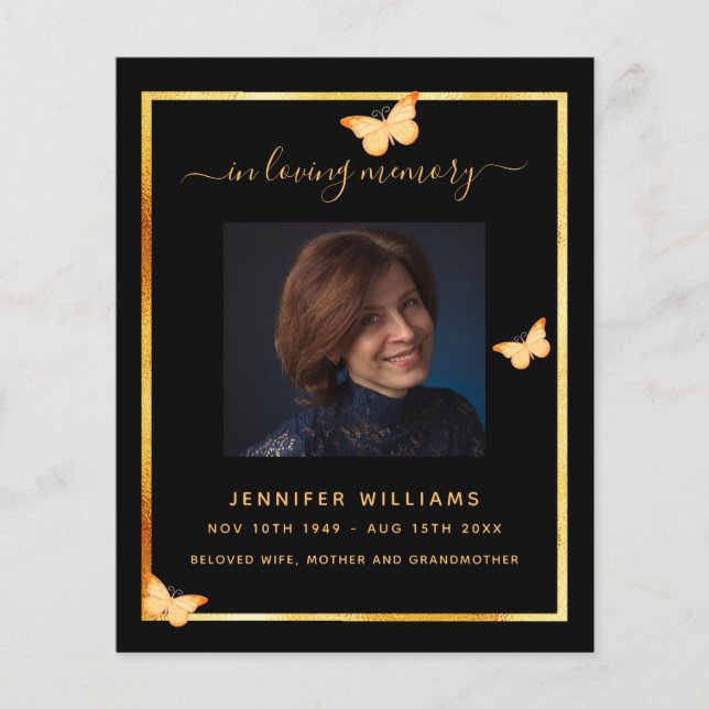 Black gold butterflies photo funeral program (Front)