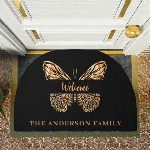 Black gold butterfly family name doormat
