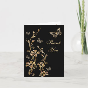 Black , Gold Butterfly Floral Thank You Note Card