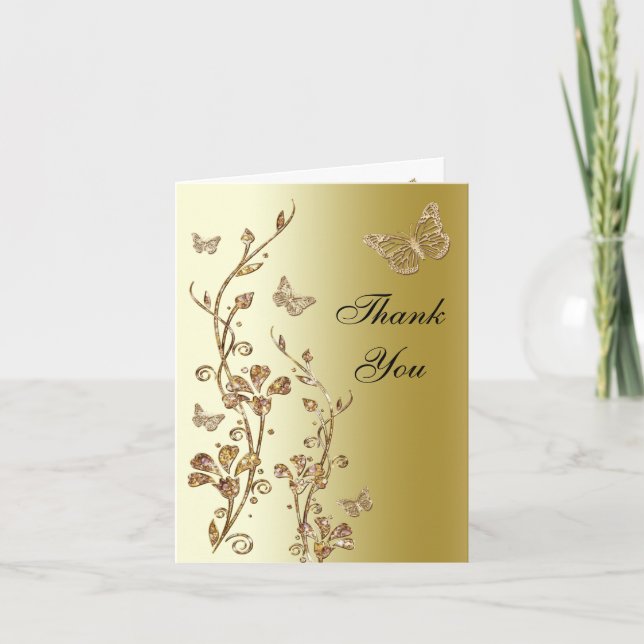 Black , Gold Butterfly Floral Thank You Note Card (Front)