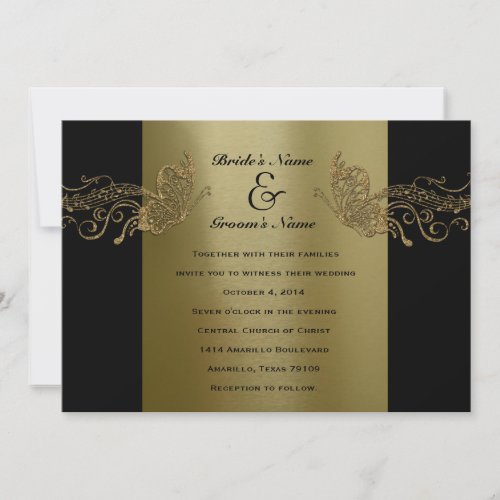 Black Gold Butterfly Music Wedding Invitations