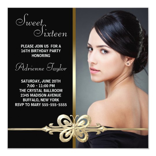 Black Gold Butterfly Photo Sweet Sixteen Birthday Card