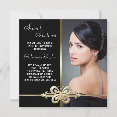 Black Gold Butterfly Photo Sweet Sixteen Birthday Custom Invite