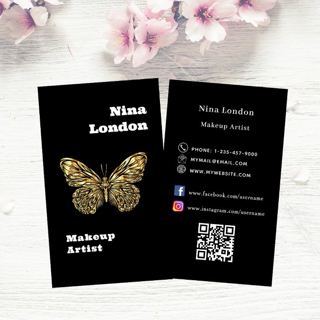 Black gold butterfly Qr social media logo Business Card (Creator Uploaded)