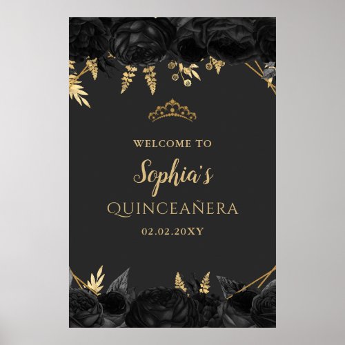 Black Gold Butterfly Quinceaera Welcome Sign