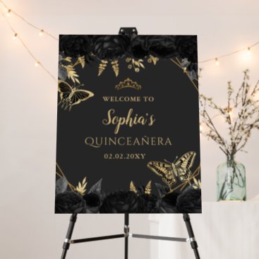 Black Gold Butterfly Quinceañera Welcome Sign