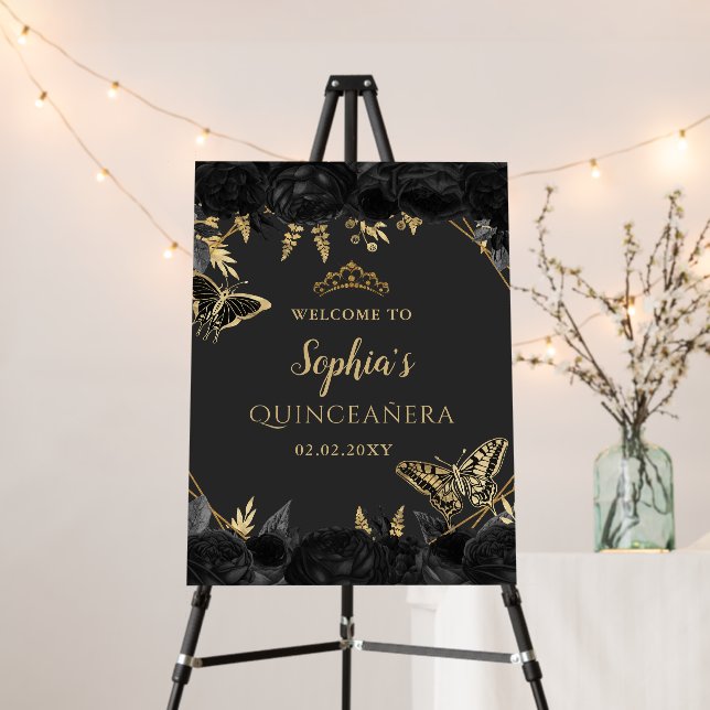 Black Gold Butterfly Quinceañera Welcome Sign (In Situ (Stand))