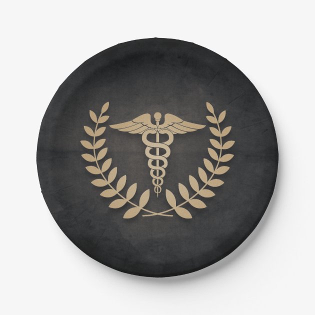 Black+Gold Caduceus Medical Symbol Doctor/Nurse Paper Plate