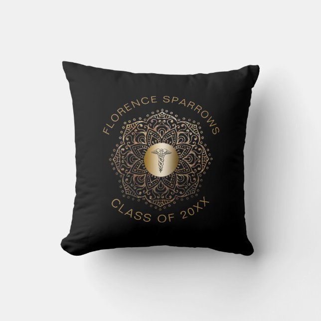 Black Gold Caduceus Personalized Nurse Graduation Throw Pillow (Front)