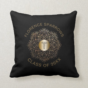 Black Gold Caduceus Personalized Nurse Graduation Throw Pillow