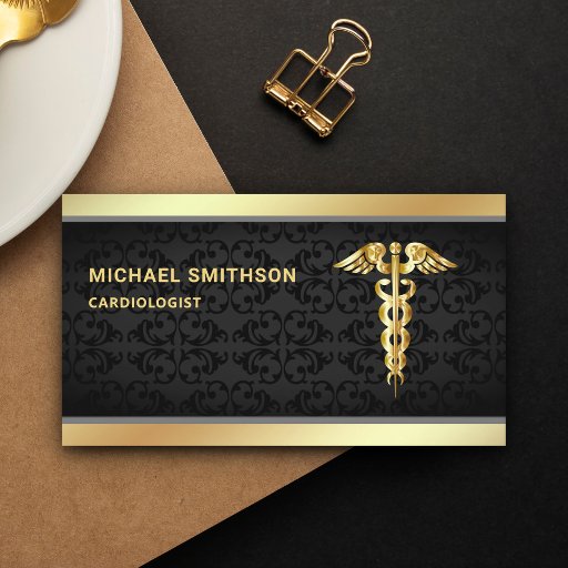 Customizable Black Gold Caduceus Symbol Medical Professional Business Card