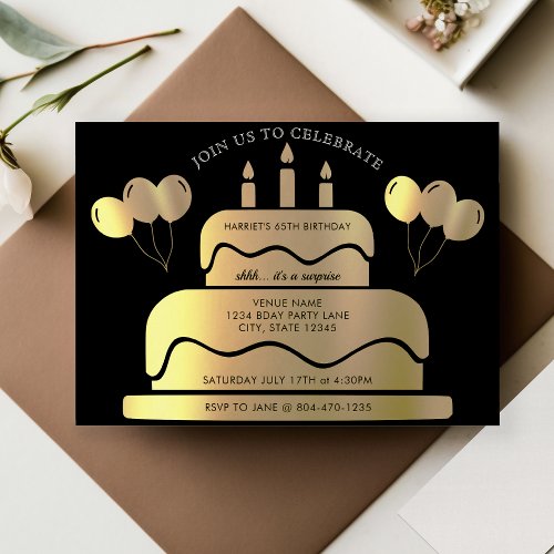 Black  Gold Cake Balloons 65th Birthday Invitation