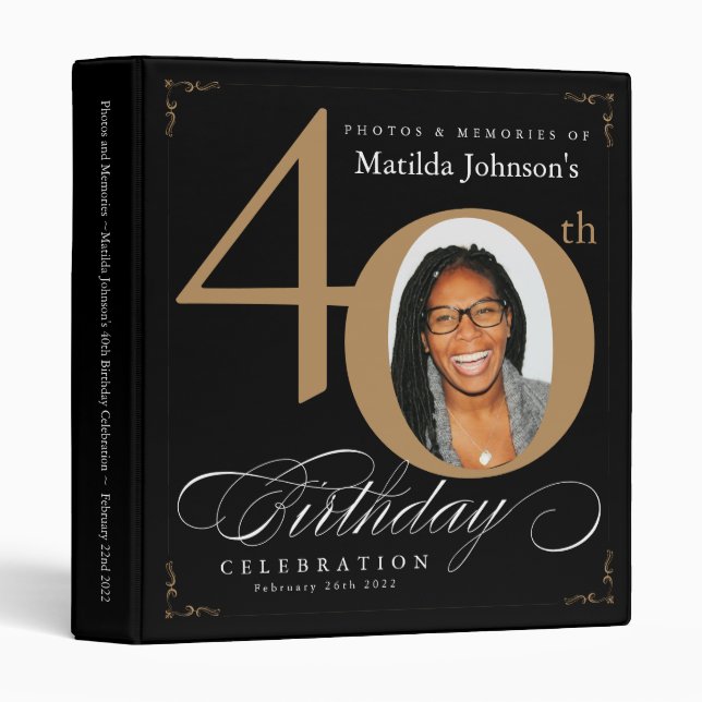 Black Gold Calligraphy 40th Birthday Elegant Photo 3 Ring Binder (Front/Spine)