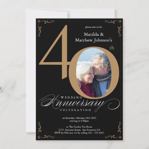 Black Gold Calligraphy 40th Wedding Anniversary Invitation