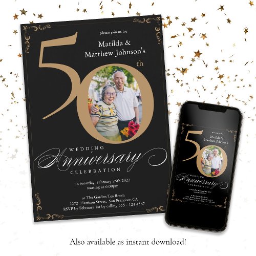 Black Gold Calligraphy 50th Wedding Anniversary Invitation