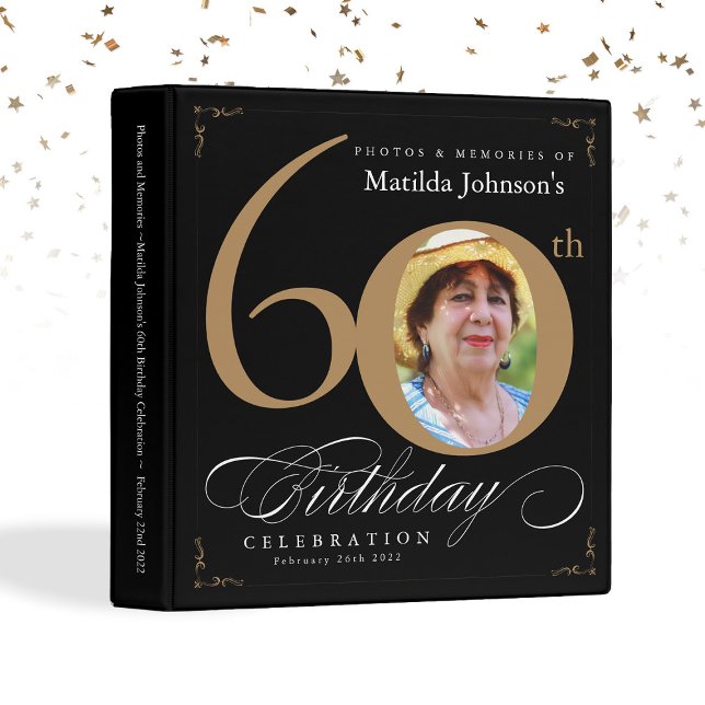 Black Gold Calligraphy 60th Birthday Elegant Photo 3 Ring Binder (Black Gold Calligraphy 60th Birthday Elegant Photo 3 Ring Binder)