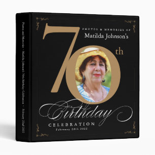 Black Gold Calligraphy 70th Birthday Elegant Photo 3 Ring Binder