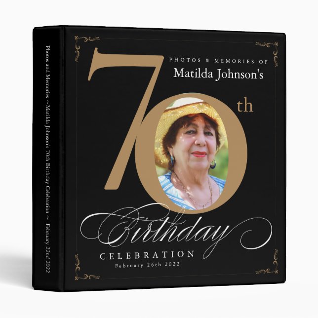 Black Gold Calligraphy 70th Birthday Elegant Photo 3 Ring Binder (Front/Spine)