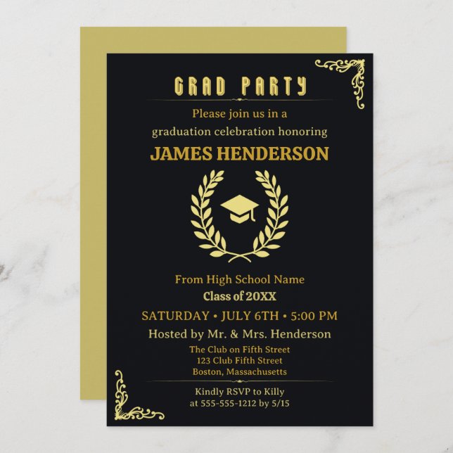 Black Gold Calligraphy Graduation Party 2025 Invitation (Front/Back)