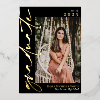 Black & Gold Calligraphy Photo Graduation Foil Invitation