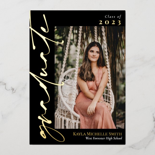 Black & Gold Calligraphy Photo Graduation Foil Invitation (Front)