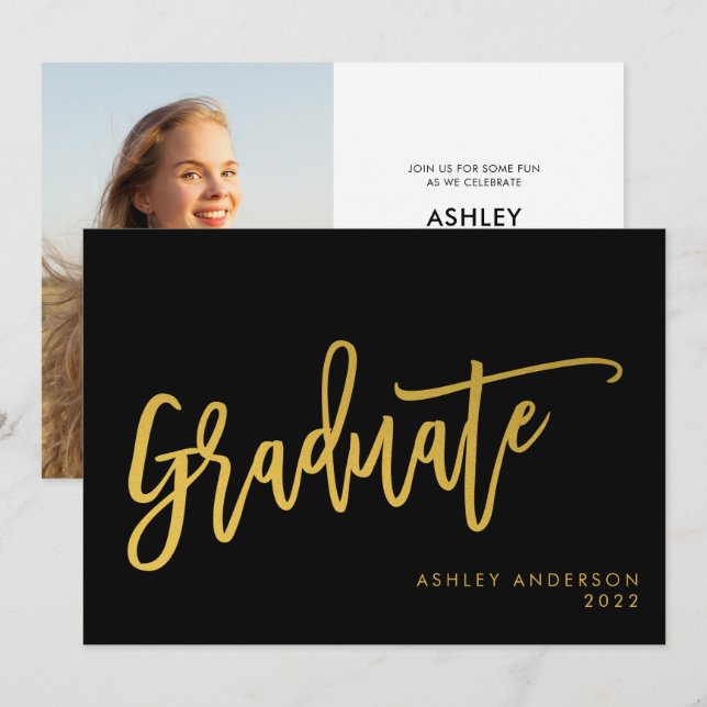 Black Gold Calligraphy Script Graduate Photo Party Invitation (Front/Back)