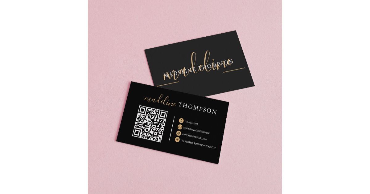 Black Gold Calligraphy Script QR code Business Card | Zazzle