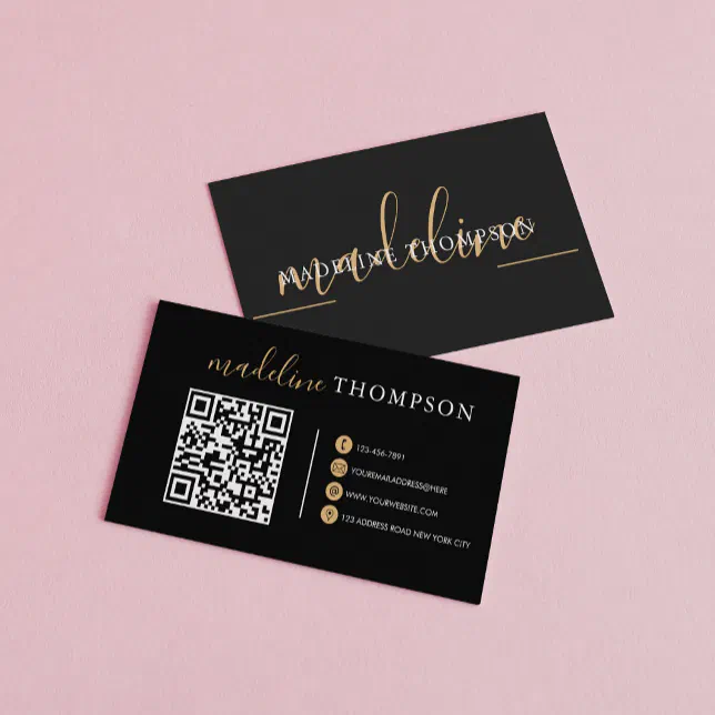 Black Gold Calligraphy Script QR code Business Card | Zazzle