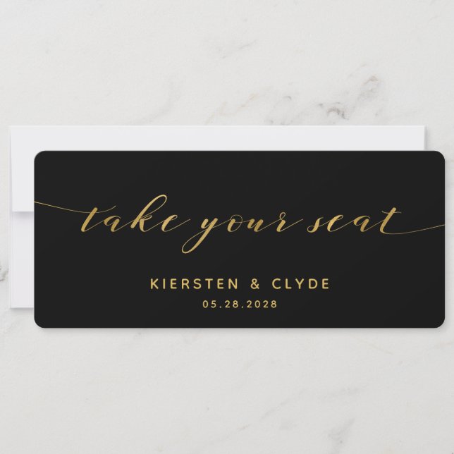 Black Gold Calligraphy Take Your Seat Top Card (Front)