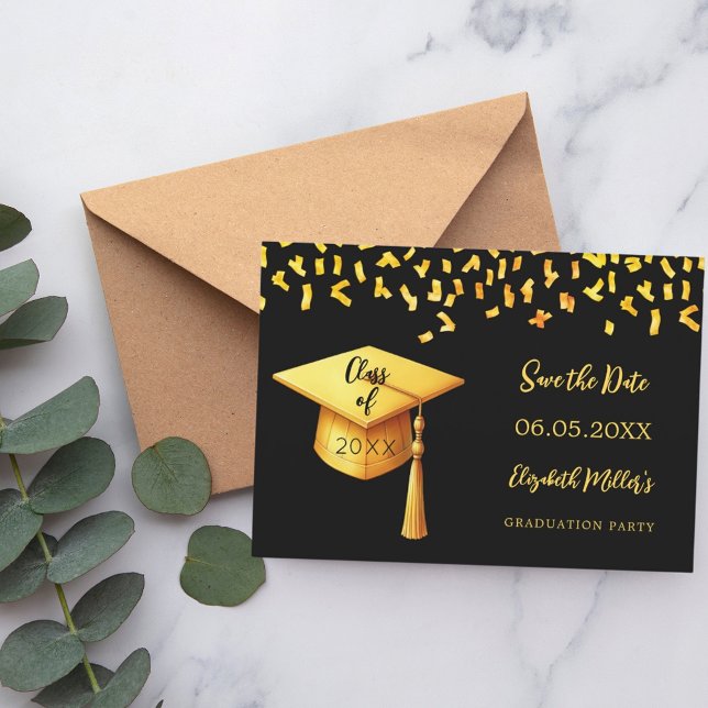 Black gold cap confetti Graduation Party Save The Date (Creator Uploaded)