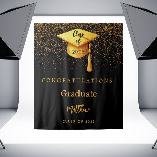 Black gold cap tassel graduation party 2026 tapestry
