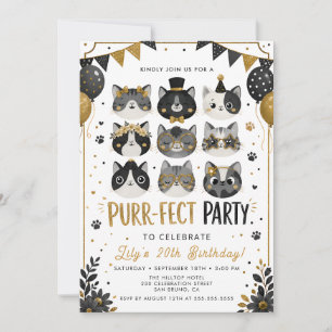 Black Gold Cat Birthday Invitation