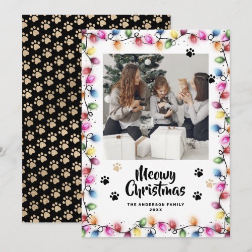 Black Gold Cat Paws Colorful Photo Meowy Holiday Card