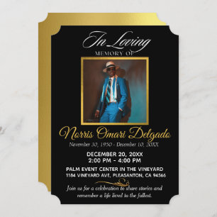 Black & Gold Celebration of Life Elegant Photo Invitation