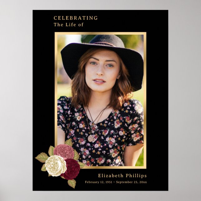 Black Gold Celebration of Life Photo Funeral Sign (Front)