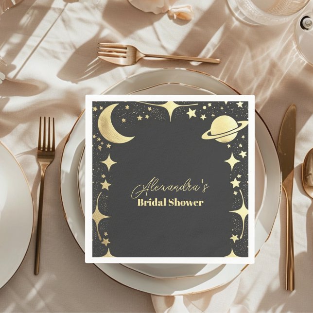 Black Gold Celestial Crescent Moon Bridal Shower Napkins (Creator Uploaded)