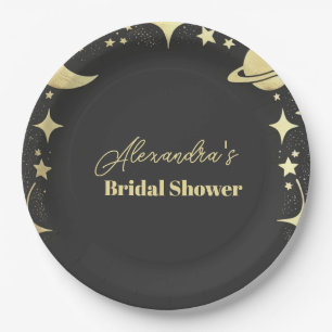 Black Gold Celestial Crescent Moon Bridal Shower Paper Plates
