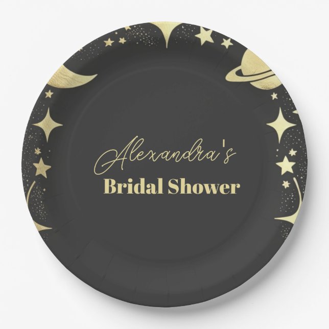 Black Gold Celestial Crescent Moon Bridal Shower Paper Plates (Front)