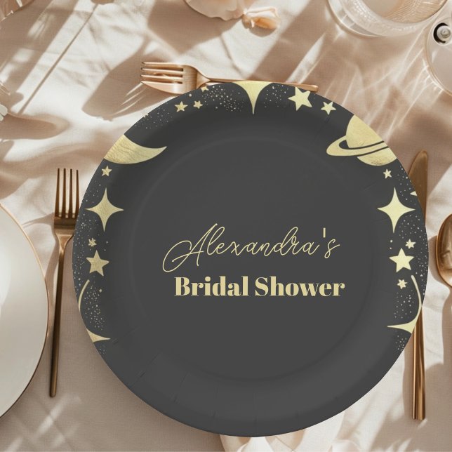 Black Gold Celestial Crescent Moon Bridal Shower Paper Plates (Creator Uploaded)