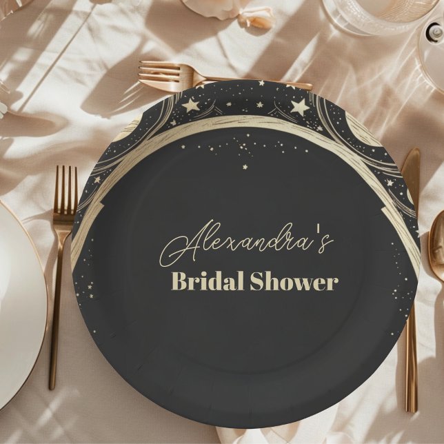 Black Gold Celestial Crescent Moon Bridal Shower Paper Plates (Creator Uploaded)