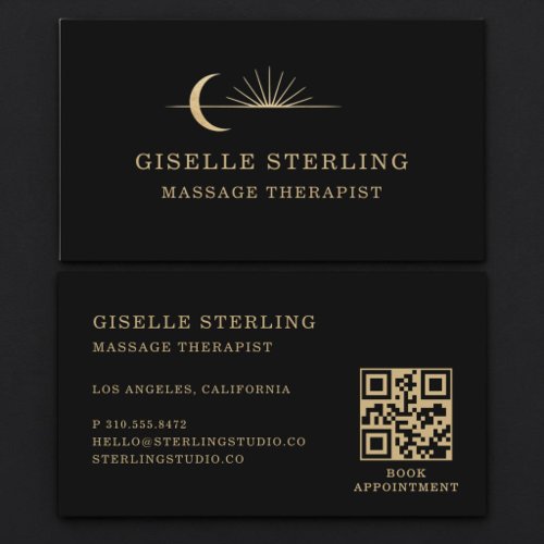 Black Gold Celestial Massage Therapist QR Code Business Card