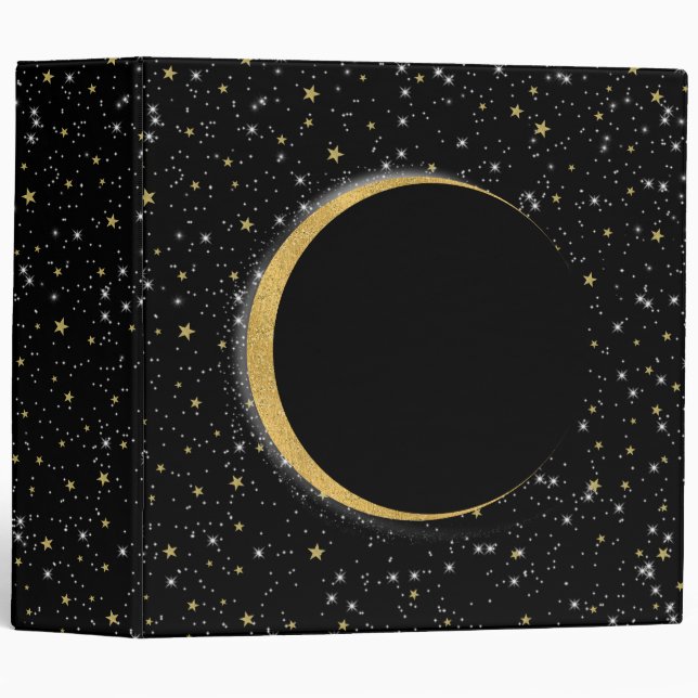Black & Gold Celestial Moon Magic Lunar Stars 3 Ring Binder (Front/Spine)