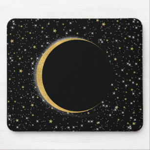 Black & Gold Celestial Moon Magic Lunar Stars Mouse Pad