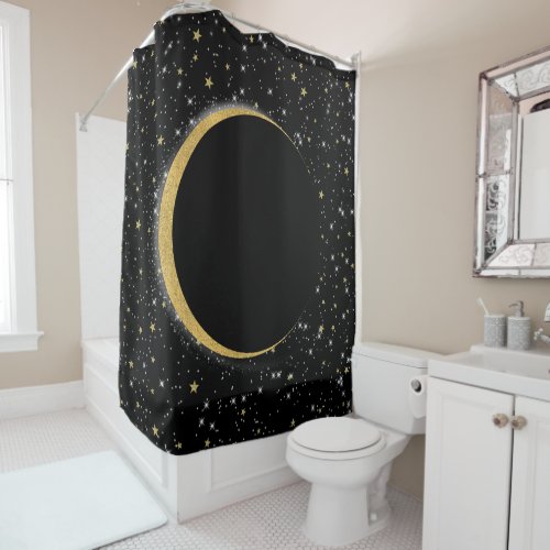 Black  Gold Celestial Moon Magic Lunar Stars Shower Curtain