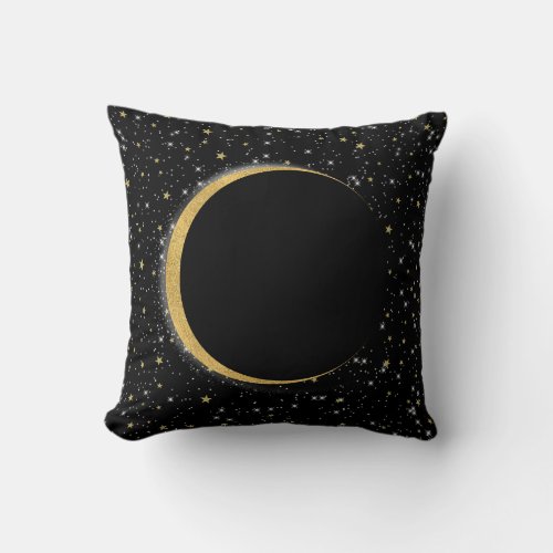 Black  Gold Celestial Moon Magic Lunar Stars Throw Pillow