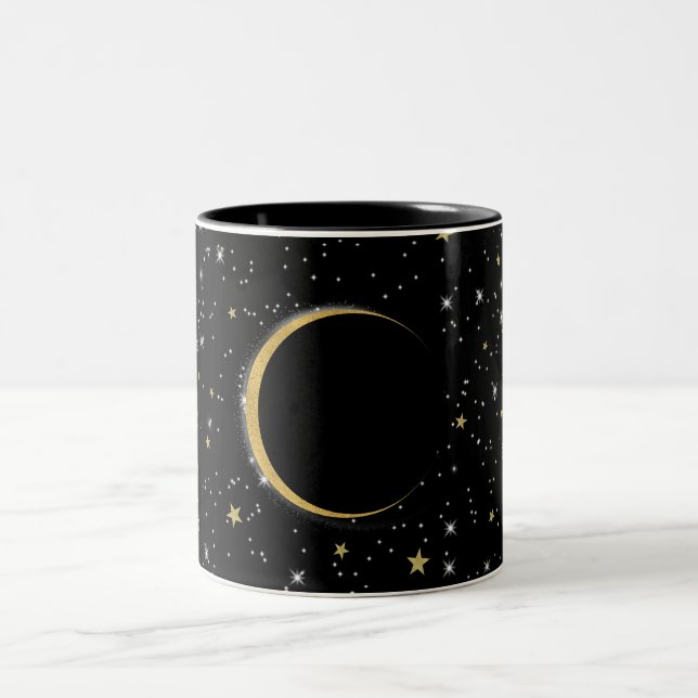 Black & Gold Celestial Moon Magic Lunar Stars Two-Tone Coffee Mug (Center)